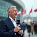 Journaliste en direct devant un centre de presse international lors d'un grand événement mondial
