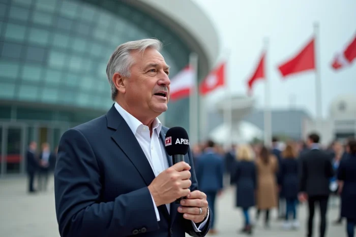 Journaliste en direct devant un centre de presse international lors d'un grand événement mondial
