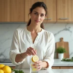Femme pressant un citron dans un verre d'eau pendant le jeûne intermittent dans une cuisine naturelle