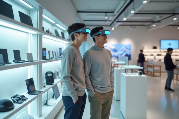 Deux personnes testant des lunettes de réalité augmentée dans un magasin de technologie moderne, tendances high-tech à découvrir
