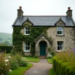 Maison de campagne en pierre avec jardin fleuri et façade en lierre, style résidence irlandaise charmante