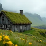 Maison traditionnelle aux îles Féroé avec toit en herbe recouvert de mousse et de fleurs sauvages, intégrée dans un paysage de fjord