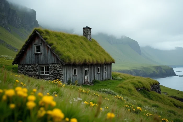 Maison traditionnelle aux îles Féroé avec toit en herbe recouvert de mousse et de fleurs sauvages, intégrée dans un paysage de fjord