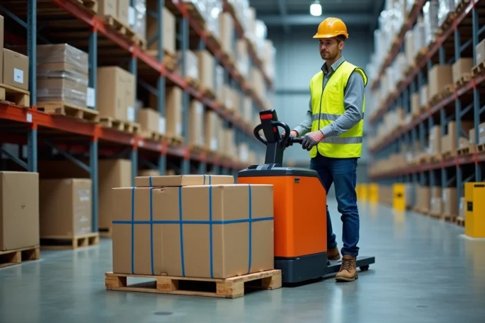 Manutentionnaire déplaçant une palette Europe chargée avec un transpalette électrique dans un centre de distribution logistique