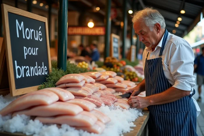 Étal de marché couvert de Nîmes présentant des filets de morue salée sur glace avec un vendeur en tablier découpant le poisson pour la préparation de la brandade nîmoise