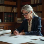 Notaire femme examinant des plans de maison dans un bureau notarial traditionnel avec des étagères de dossiers juridiques