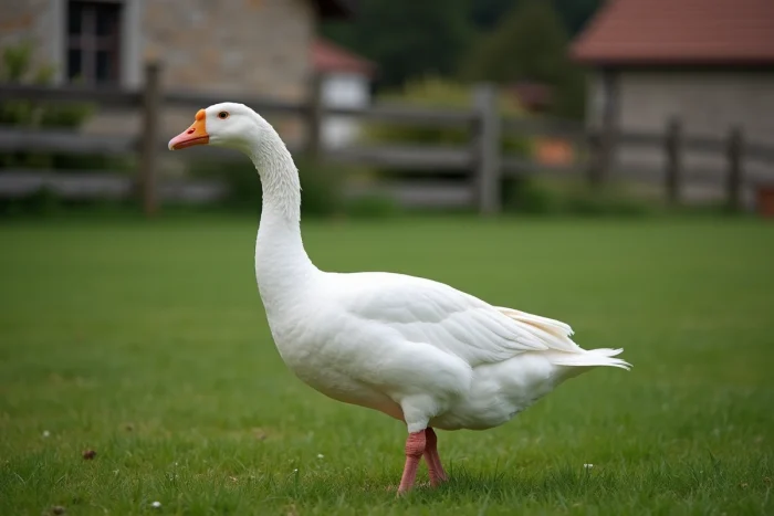 Oie domestique adulte au plumage blanc immaculé debout dans un pré vert avec une ferme en pierre en arrière-plan