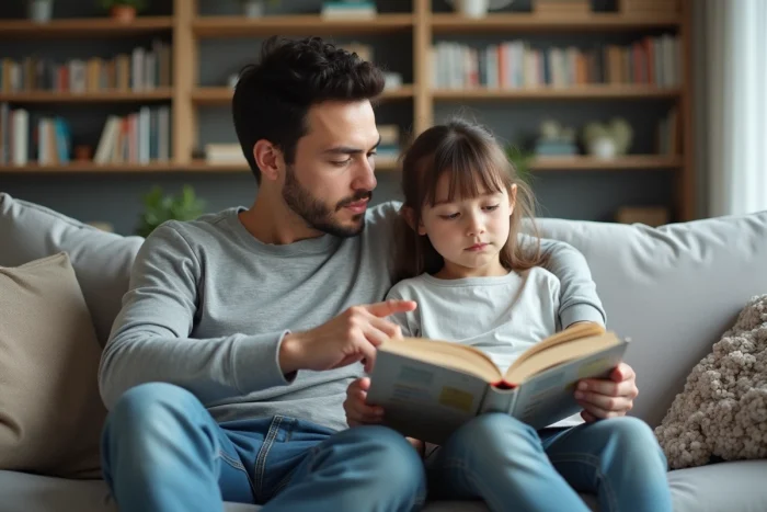 Parent et jeune adolescent lisant ensemble un manga Blue Lock sur le canapé du salon pour évaluer le contenu