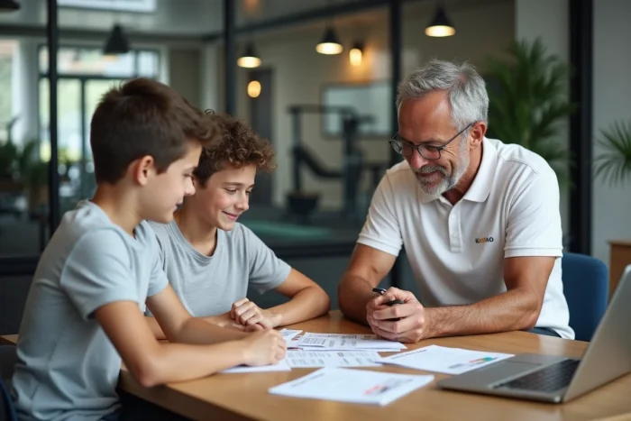 Père et fils adolescent consultant un conseiller de salle de sport pour une inscription avec accord parental