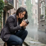 Photographe artistique belge en train de composer un cliché dans une ruelle pavée de Gand avec un appareil photo vintage