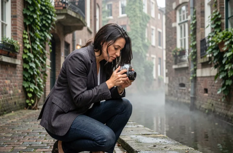 Photographe artistique belge en train de composer un cliché dans une ruelle pavée de Gand avec un appareil photo vintage