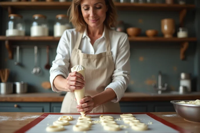 Femme réalisant le pochage de la pâte à langues de chat sur une toile de cuisson en silicone dans une cuisine rustique