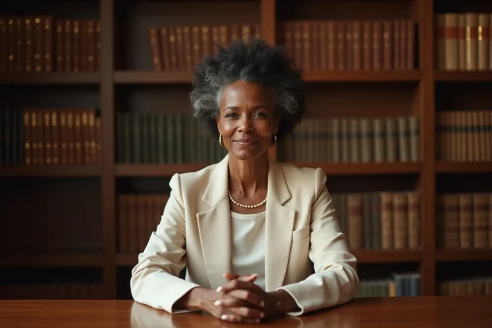 Portrait éditorial d'une femme afro-américaine élégante dans une bibliothèque aux tons chaleureux