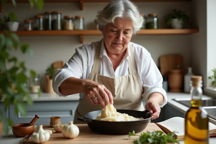 Femme cuisinière préparant la brandade de morue nîmoise dans une cuisine provençale traditionnelle, incorporant la morue dessalée à l'huile d'olive dans une poêle en fonte
