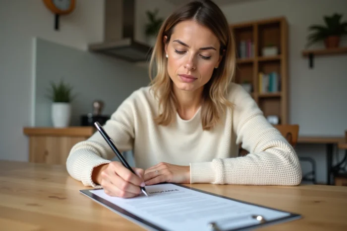 Propriétaire signant un contrat d'assurance dommage ouvrage à domicile après travaux de rénovation
