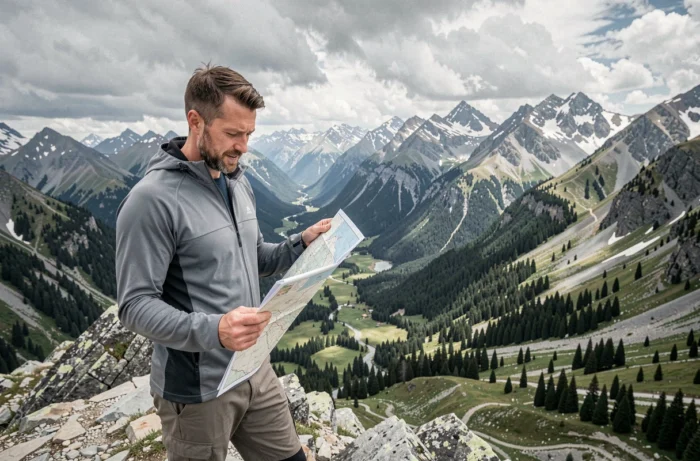 Randonneur consultant une carte topographique sur une crête alpine lors d'une activité de trekking en voyage