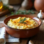 Brandade de morue nîmoise traditionnelle servie dans un ramekin en céramique rustique sur une table en bois, garnie de chapelure dorée et de thym frais dans une cuisine provençale