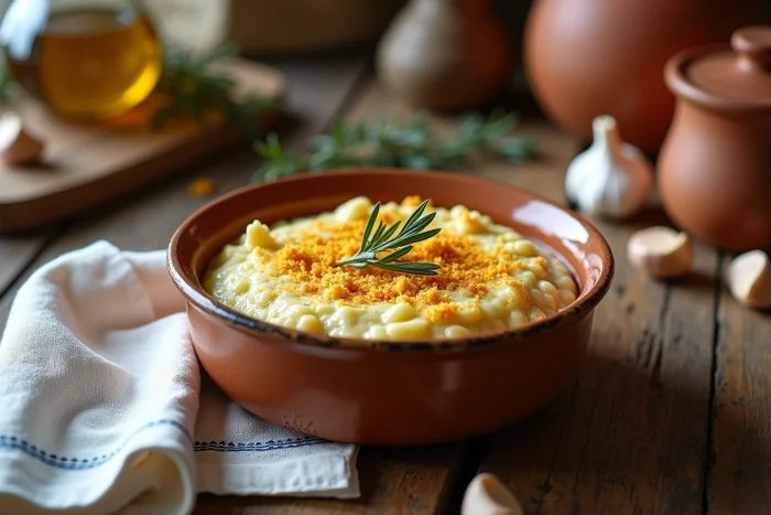 Brandade de morue nîmoise traditionnelle servie dans un ramekin en céramique rustique sur une table en bois, garnie de chapelure dorée et de thym frais dans une cuisine provençale
