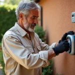 Homme remplaçant les piles d'un programmateur d'arrosage fixé sur un mur de jardin en plein air