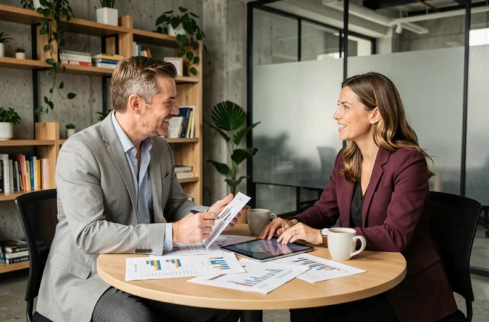 Deux professionnels discutant de stratégies d'investissement immobilier autour de graphiques financiers dans un espace de coworking moderne