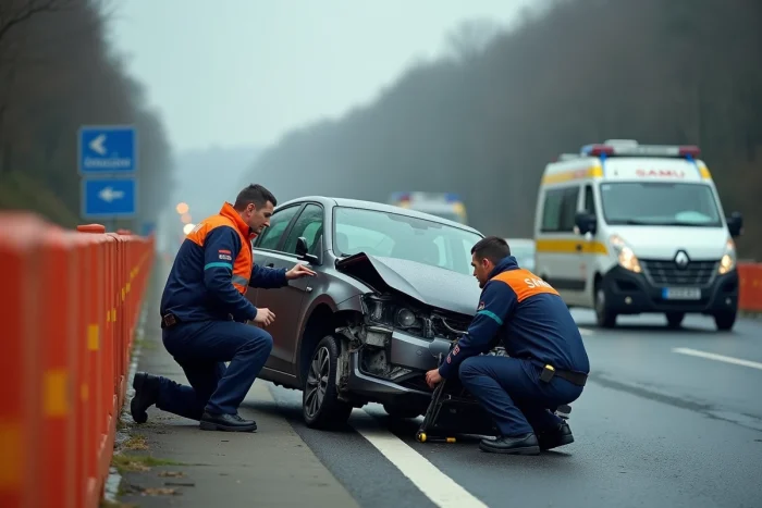 Secouristes du SAMU intervenant auprès d'une voiture accidentée sur l'autoroute A31