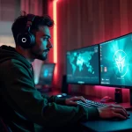 Jeune homme gamer en sweat à capuche olive devant un setup gaming high-tech avec écran ultrawide et périphériques RGB