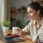 Femme faisant son shopping beauté en ligne sur un ordinateur portable à son bureau à domicile