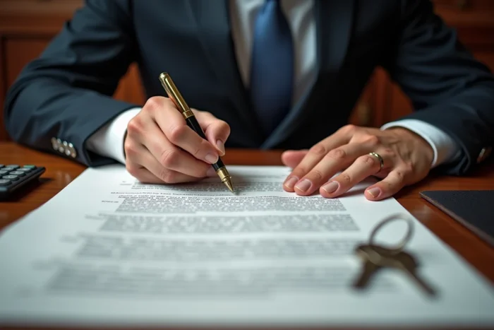 Signature d'un acte hypothécaire avec stylo plume et clés de maison sur bureau de notaire