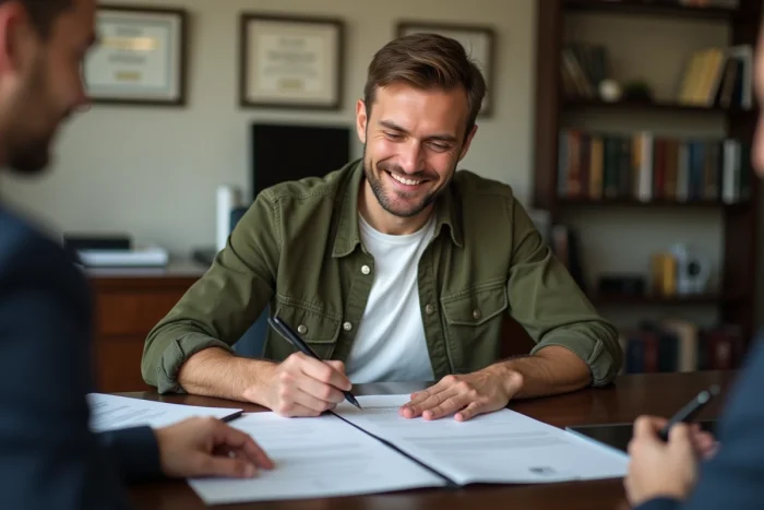 Homme signant un compromis de vente immobilière dans le bureau d'un conseiller bancaire ou notaire