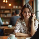 Femme souriante penchée vers l'avant lors d'un rendez-vous dans un café, signe d'attirance amoureuse