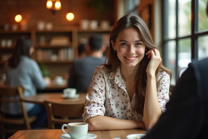 Femme souriante penchée vers l'avant lors d'un rendez-vous dans un café, signe d'attirance amoureuse