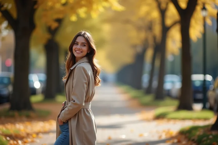 Femme dans un parc urbain en automne regardant par-dessus son épaule avec un sourire timide, signe d'intérêt romantique