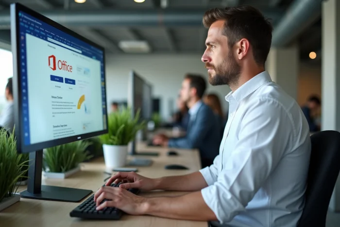 Homme téléchargeant PowerPoint gratuitement sur un ordinateur de bureau dans un espace de travail moderne