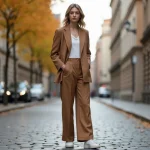 Femme en blazer camel oversize et pantalon large dans une rue pavée, look tendance mode automne-hiver 2024