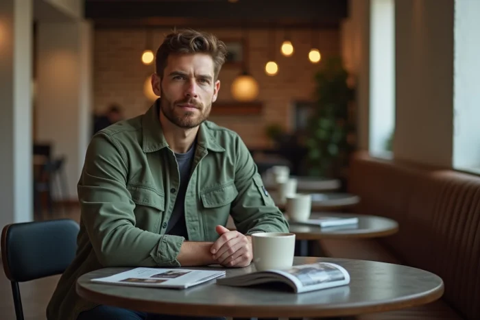 Homme en veste utilitaire verte attablé dans un café minimaliste, style mode masculine tendance 2024