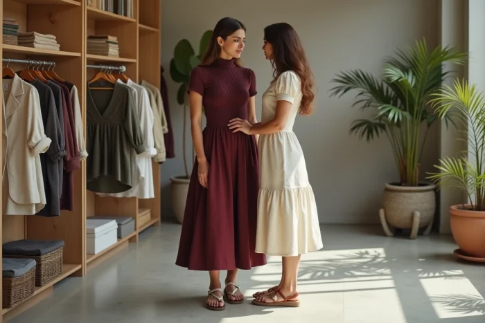 Deux femmes au style tendance 2024 en train de faire du shopping dans un concept store vintage et moderne
