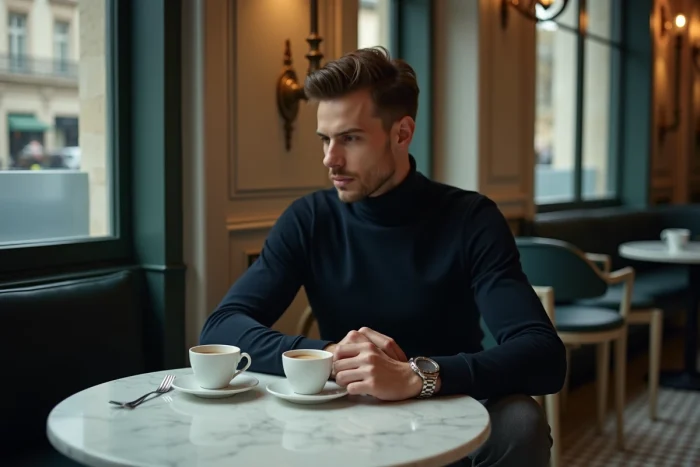 Homme portant un bracelet manchette argenté et une montre minimaliste dans un café parisien tendance