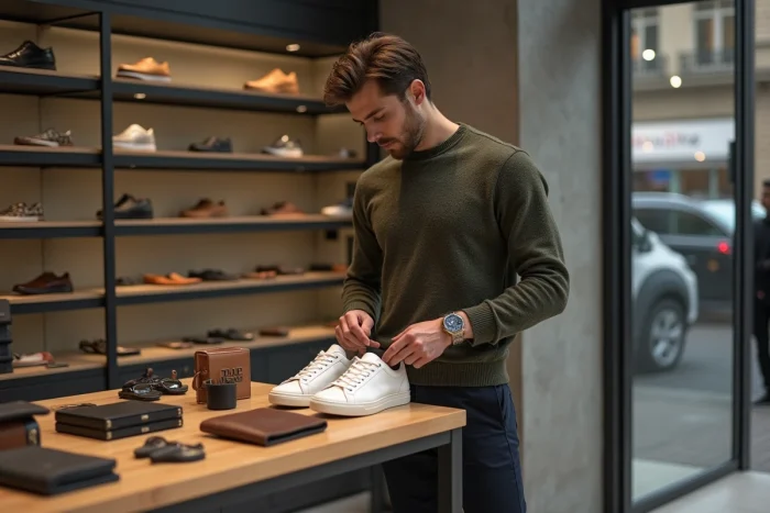 Homme tendance explorant des accessoires mode dans un concept store moderne aux murs en béton