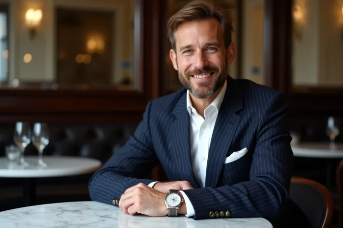 Homme élégant en costume bleu marine portant une montre de luxe attablé dans une brasserie parisienne, accessoires de luxe tendances