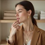 Femme portant des colliers dorés superposés et des boucles d'oreilles géométriques tendance dans une boutique minimaliste