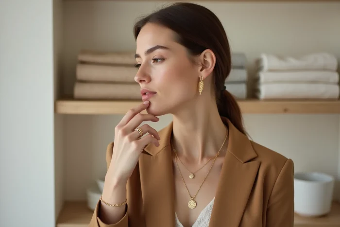 Femme portant des colliers dorés superposés et des boucles d'oreilles géométriques tendance dans une boutique minimaliste