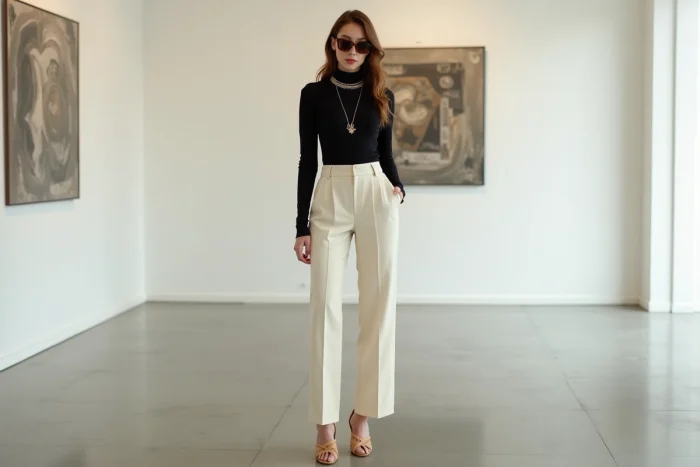 Jeune femme stylée en pantalon large crème et bijoux dorés dans une galerie d'art contemporain, tendances mode et accessoires de luxe