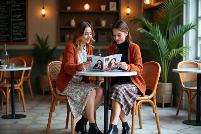 Deux femmes stylées en tenues tendance discutant de mode dans un café parisien cosy