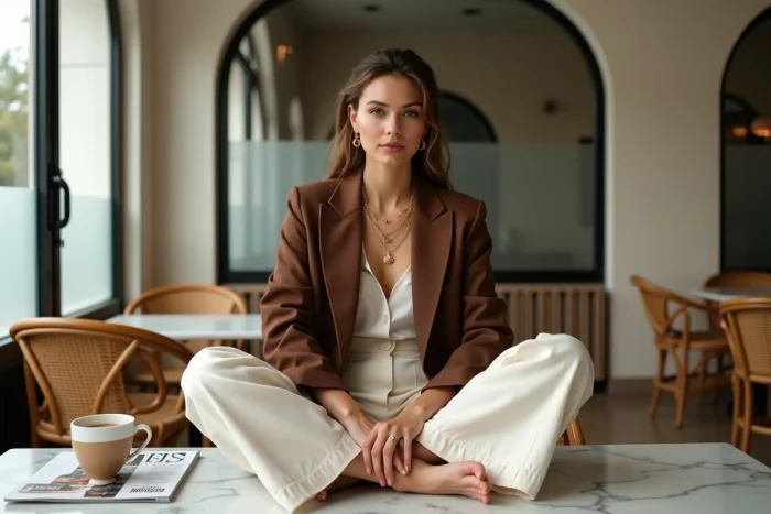 Femme branchée en blazer marron et bijoux dorés assise dans un café parisien au décor terrazzo