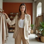 Femme élégante en blazer beige et pantalon large dans un concept store parisien tendance