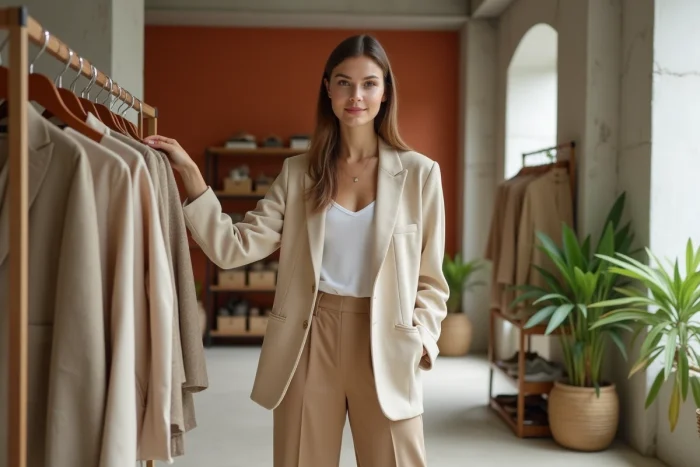Femme élégante en blazer beige et pantalon large dans un concept store parisien tendance