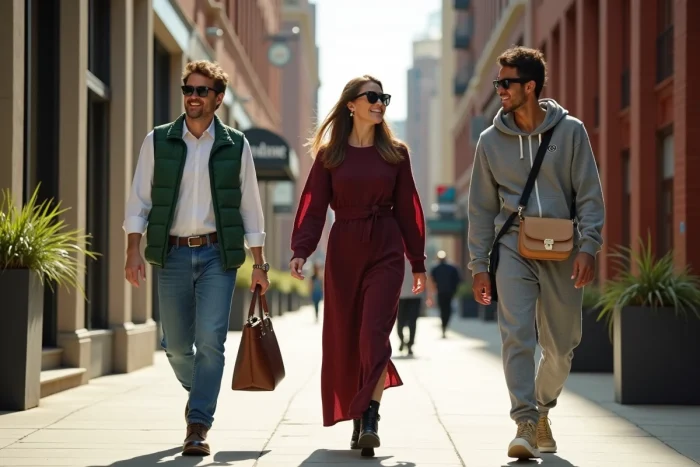 Trois amis stylés marchant en ville arborant les dernières tendances mode automne-hiver 2024