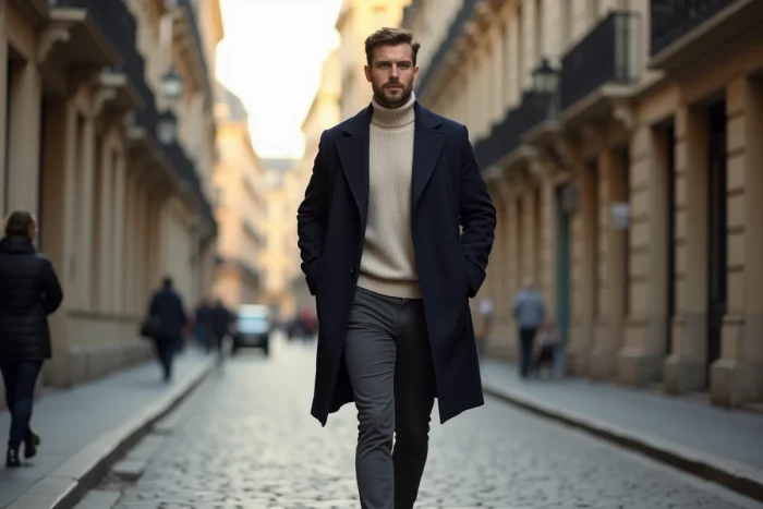 Homme stylé en manteau marine et sneakers blanches marchant dans une rue pavée européenne