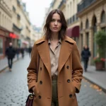Femme élégante en manteau camel portant un sac à main en cuir structuré dans une rue parisienne en automne, tendances mode luxe
