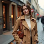 Femme élégante en manteau camel portant un sac en cuir cognac dans une rue parisienne pavée en automne 2024